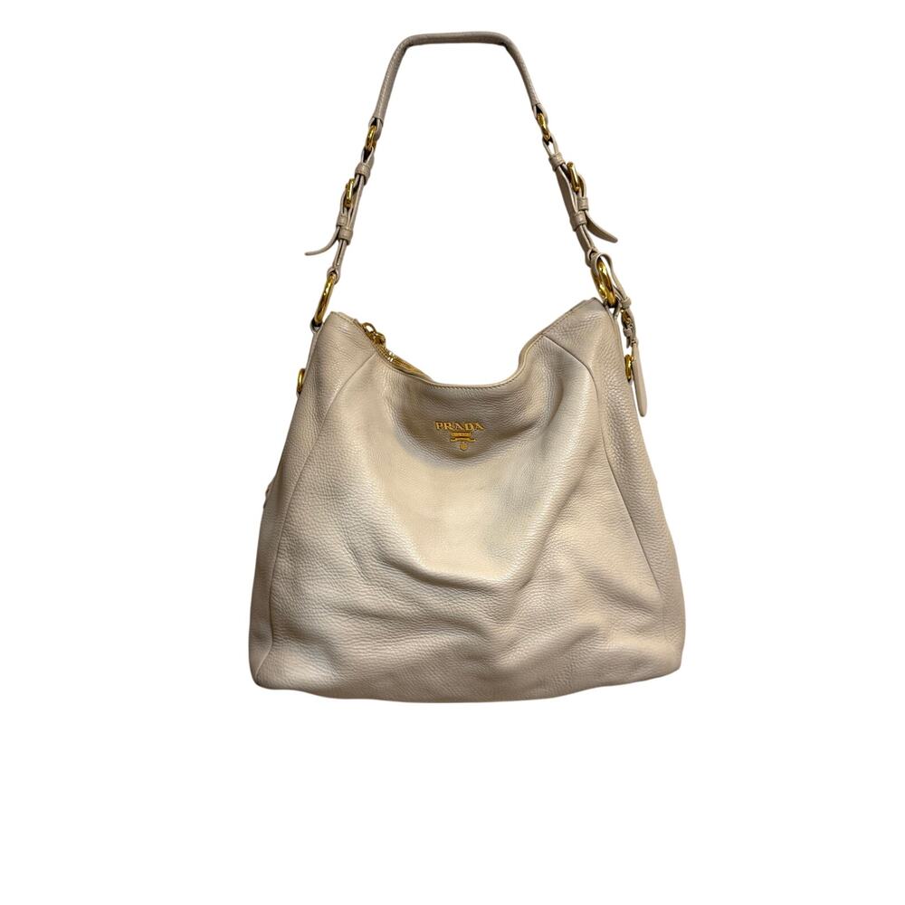 Prada Cream Talco Beige Vitello Daino Leather Shoulder Hobo Bag